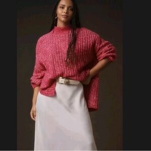 ANTHROPOLOGIE Pilcro Texture Tunic Mock Neck Sweater Pink White Small
